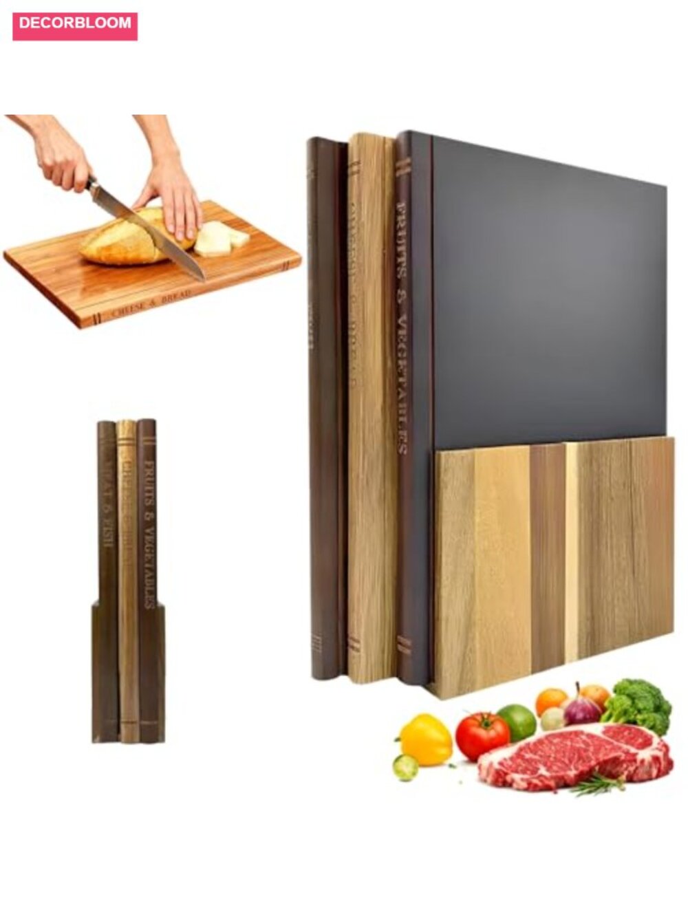Acacia Wood Book Shaped Cutting Board Set 3-Piece w/ Stand Kitchen
